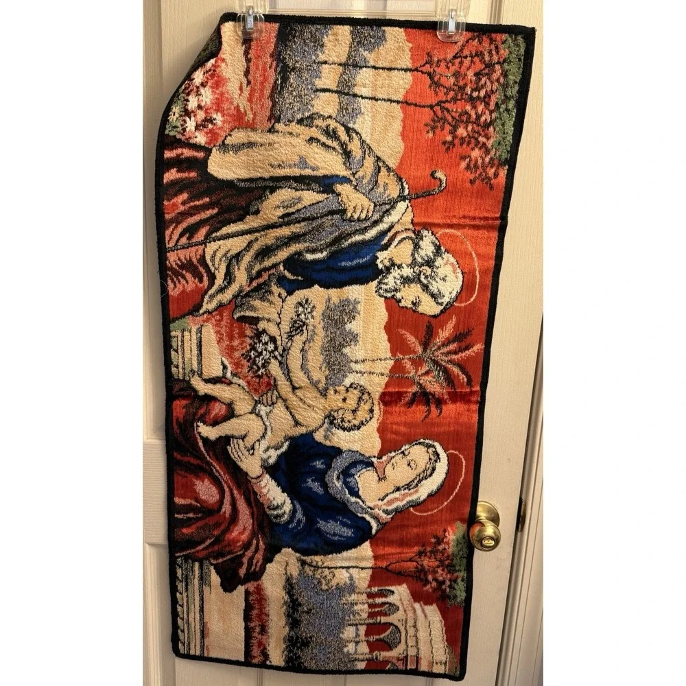 Holy Family Vintage Velvet Tapestry Wall Hanging Kneeling Rug. Jesus Mary Joseph